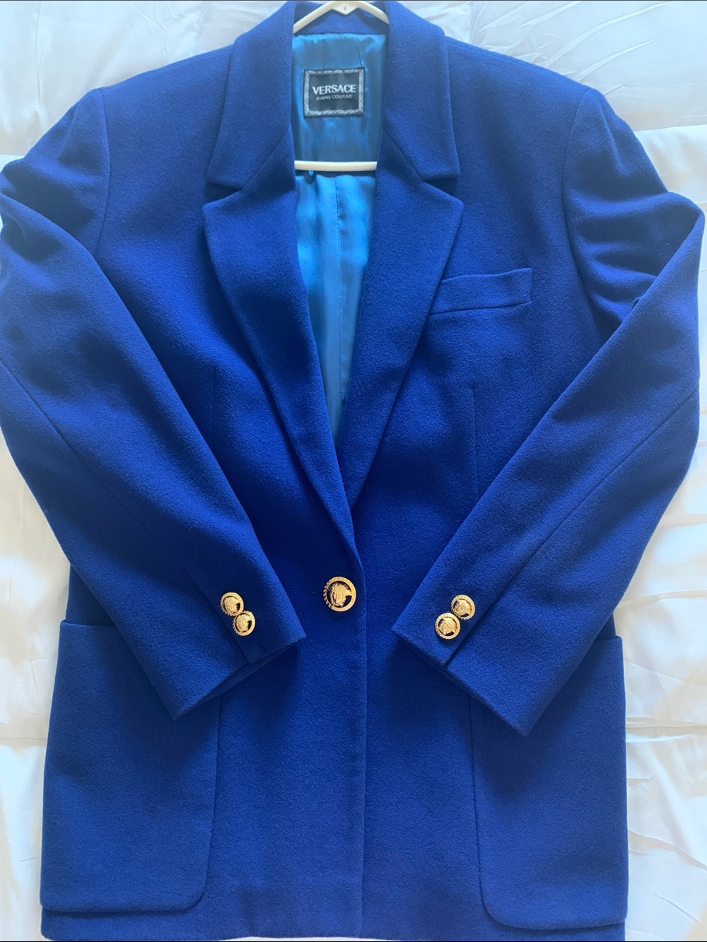 Versace Women’s Cobalt Blue Double-Button Tailored Blazer with Gold Buttons Vtg
